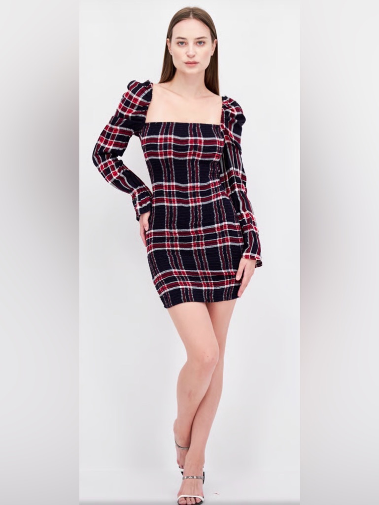 Likely Navy & Red Plaid Smocked Square-Neck Mini Dress